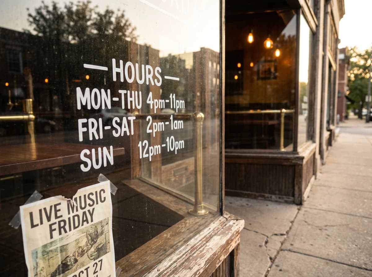 A small neighborhood bar's front window with painted business hours and a partial "Live Music Friday" flyer taped below.