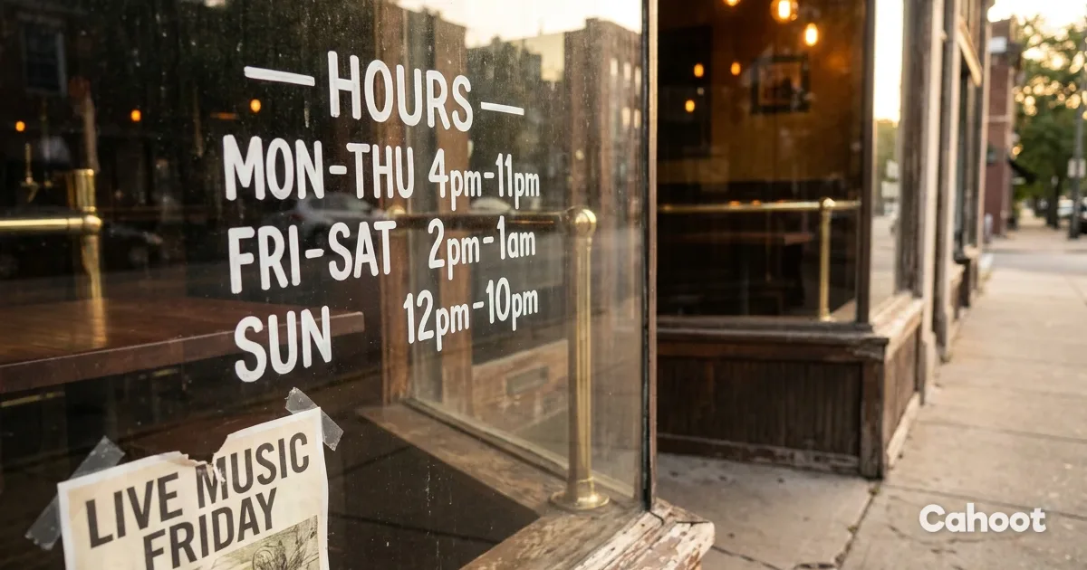 A small neighborhood bar's front window with painted business hours and a partial "Live Music Friday" flyer taped below.